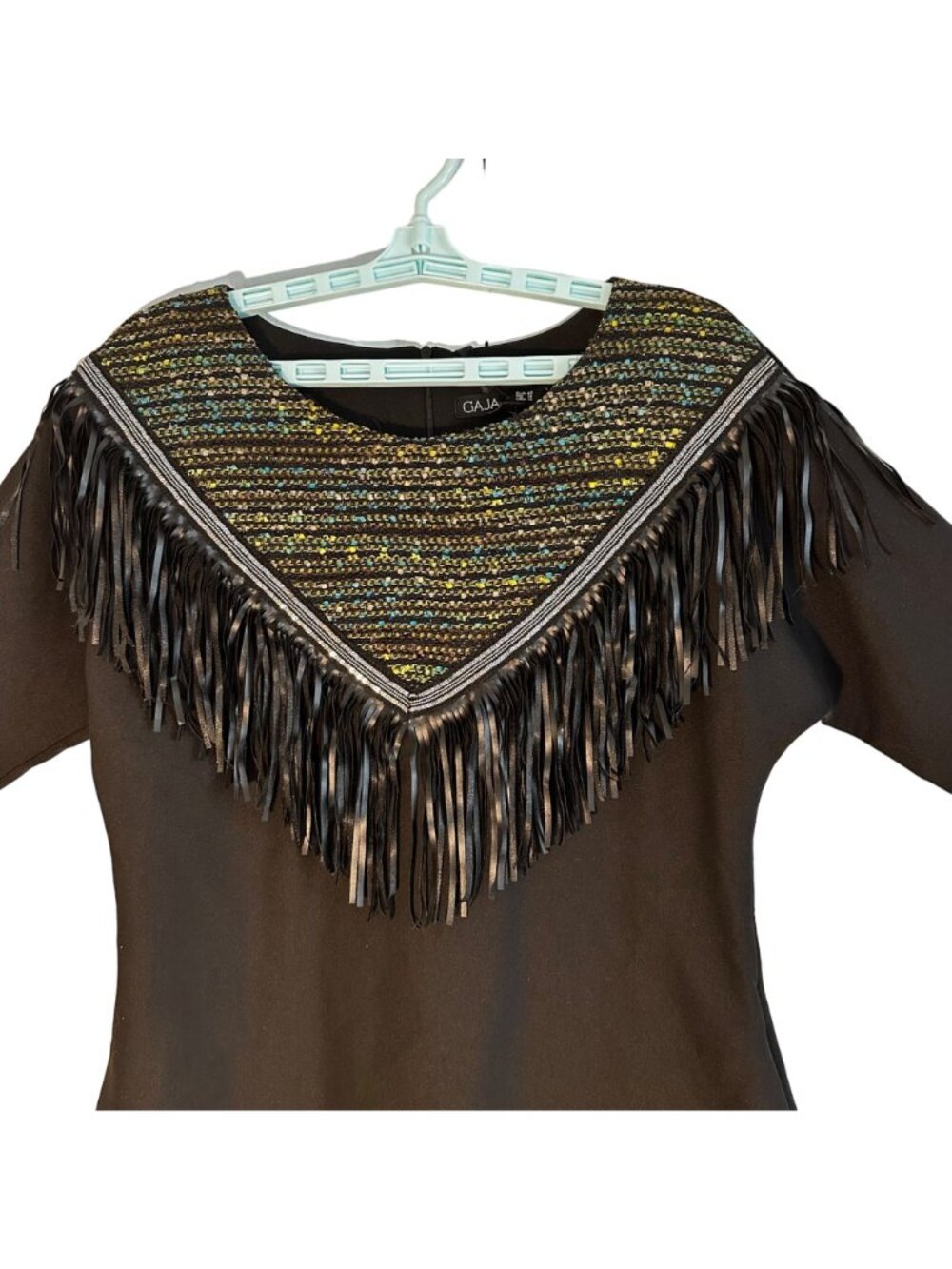 GAJA Short Black Pencil Dress W/ Fringe & Colorful Yoke 3/4 Sleeves S 10 Western - Picture 3 of 11